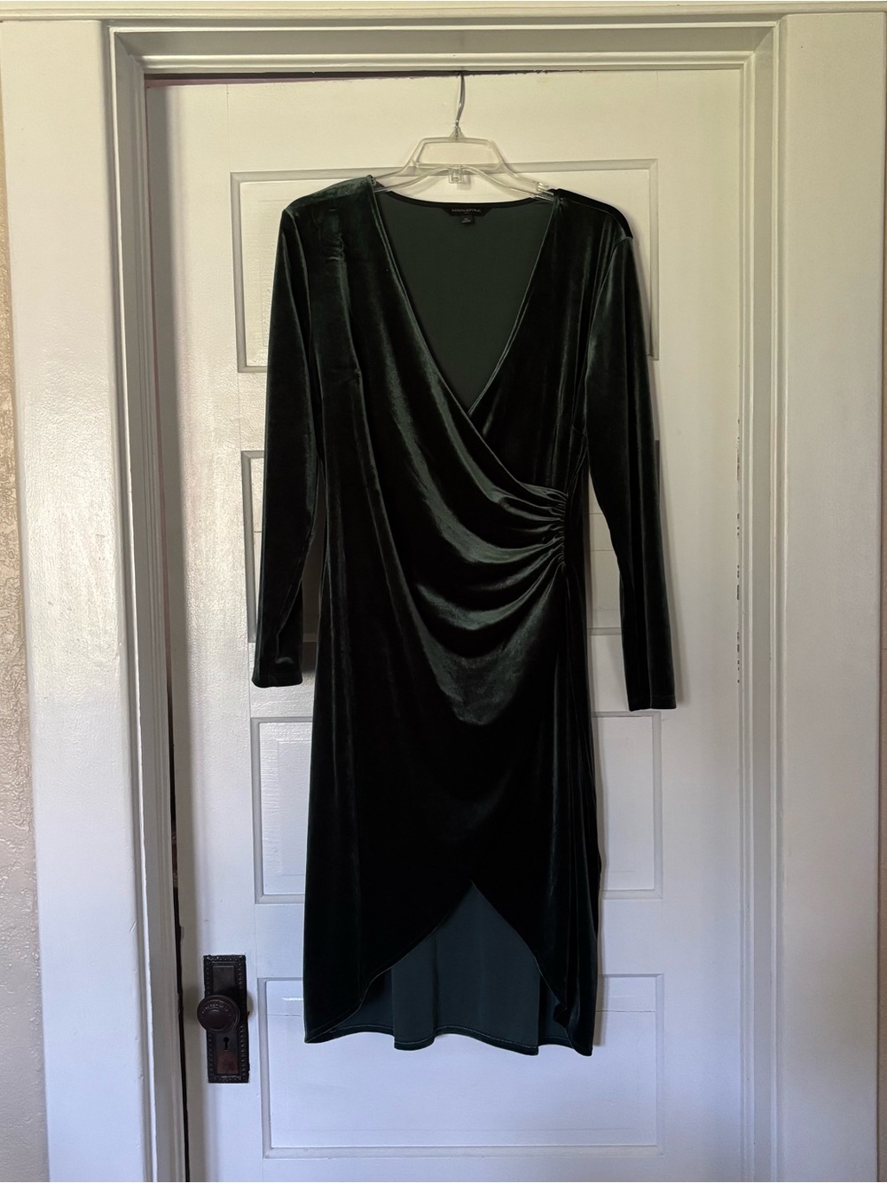 Banana Republic Dark Green Velvet Faux-Wrap Long Sleeve Dress